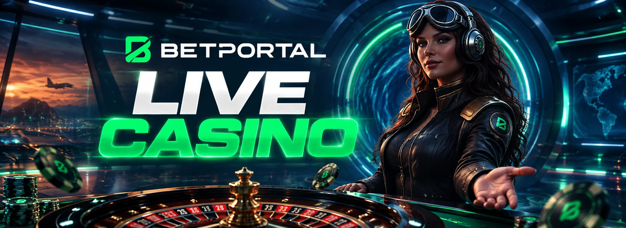 Betportal Live Casino, with an aviator at a roulette table in front of a blue portal